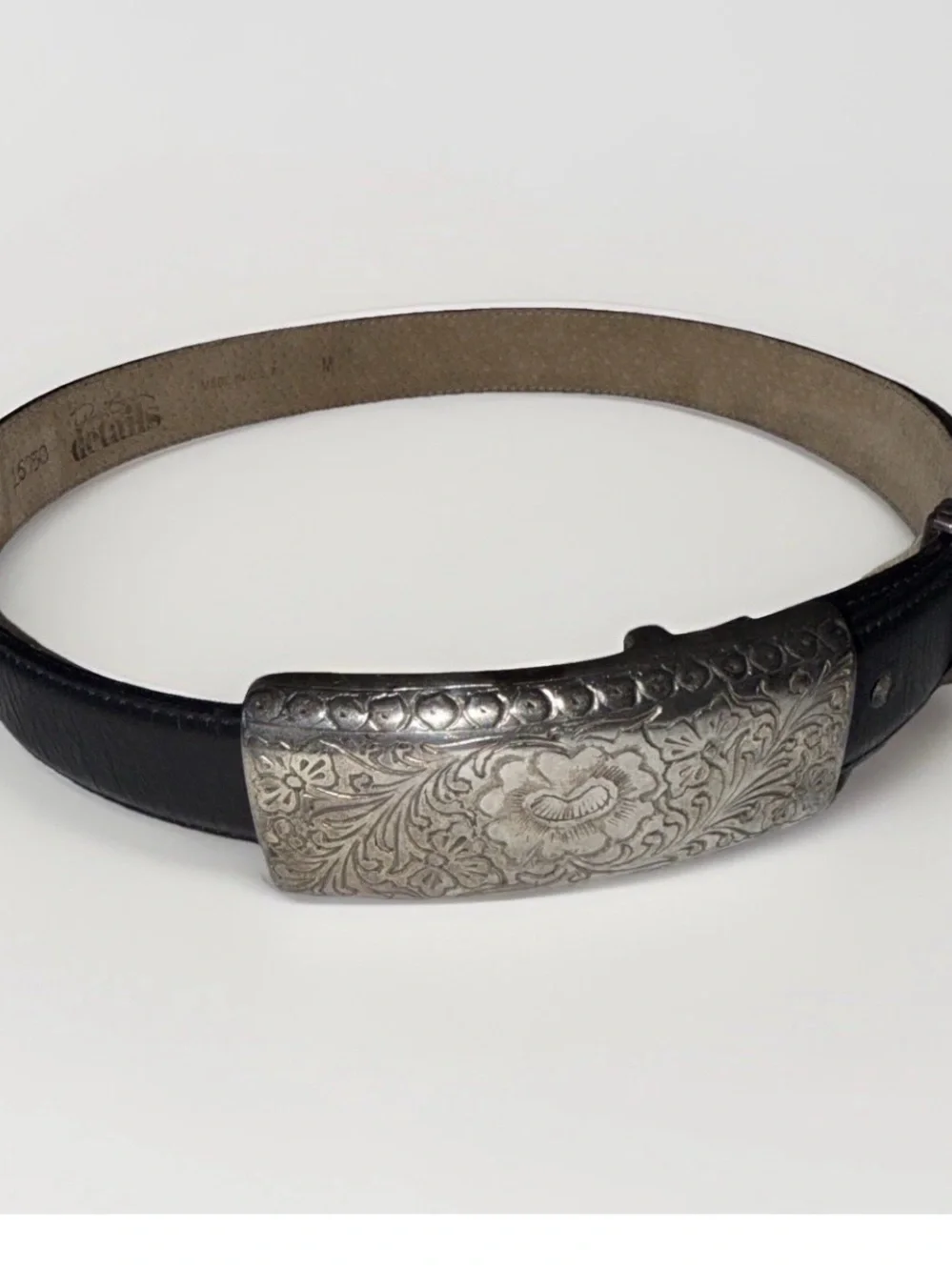 Vintage Western Boho Patricia Green Black Leather Belt w/ Silver Filigree Buckle
